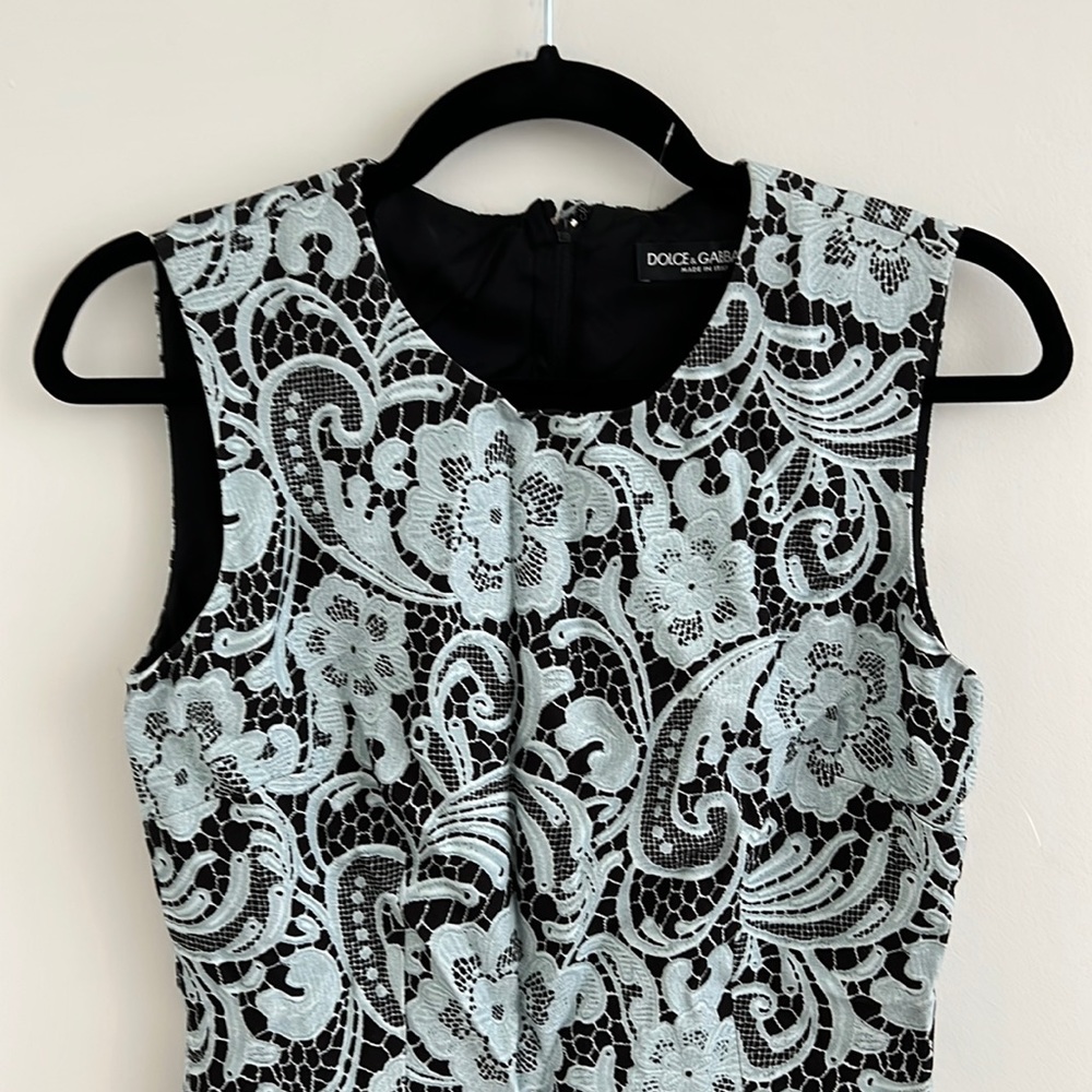 Dolce & Gabbana sky blue & black lace print sheath dress, sz 40 (IT) / 4-6 (US)